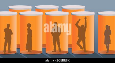 Des personnes silhouetées sont vues piégées à l'intérieur des flacons de pilules de prescription dans une illustration sur la dépendance aux analgésiques. Banque D'Images