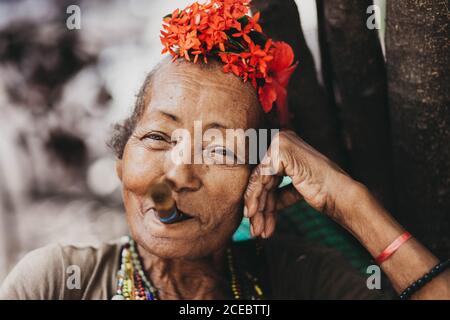 CUBA - 14 septembre 2017 : vue rapprochée de la jeune femme afro-cubaine senior avec une grande fleur rouge sur la bruyère tenant le cigare dans la bouche et regardant l'appareil photo sur un arrière-plan flou Banque D'Images