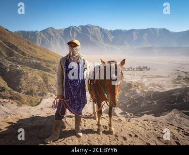 Île de Java, Indonésie - août 14 2015 : personne ethnique avec foulard sur le visage regardant la caméra tout en se tenant près du joli cheval non loin du Mont Bromo par beau temps ensoleillé Banque D'Images