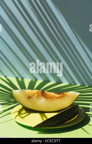 Demi-peau de crapaud de Melon coupée en coupe. Thème estival coloré. Sur fond bleu et vert, ombres des feuilles de palmier Banque D'Images