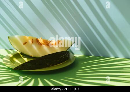 Demi-peau de crapaud de Melon coupée en coupe. Thème estival coloré. Sur fond bleu et vert, ombres des feuilles de palmier Banque D'Images