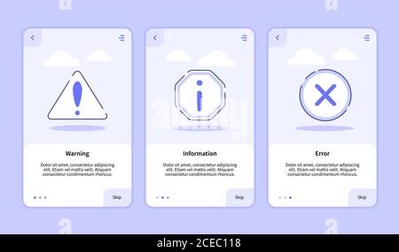 Avertissement erreur d'information écran d'intégration pour modèle d'applications mobiles page de garde interface utilisateur avec trois variantes style moderne de contour plat. Illustration de Vecteur