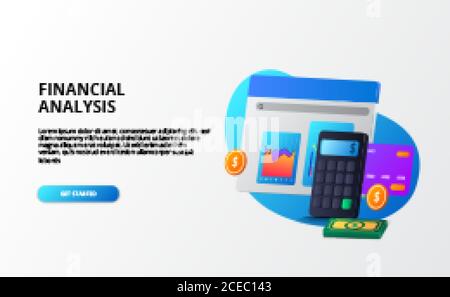 croissance économie de marché, analyse et audit et conseil finance concept d'affaires. calculatrice 3d, pièce, argent, graphique, carte de crédit pour la page d'arrivée Illustration de Vecteur