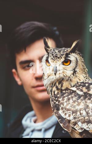 homme regardant le hibou sur un gant orange Banque D'Images