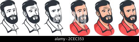 Ensemble visage de homme à barbe souriant, style vintage Illustration de Vecteur