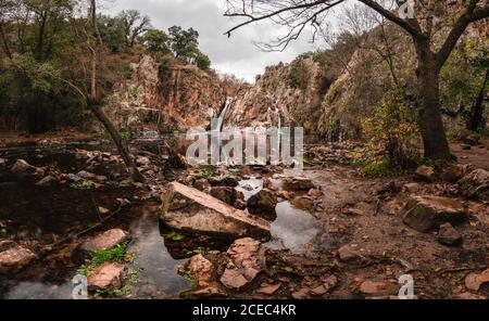 Plante poussant sur pierre dans l'eau entre les montagnes et petite cascade à San Agustin de Guadalix, Madrid, Espagne Banque D'Images