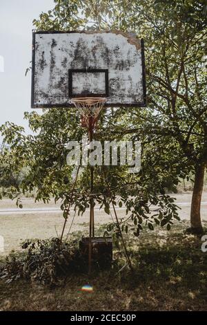 Vieux panier de basket-ball avec planche cassée debout sur l'herbe dans l'ombre sous l'arbre avec le rétroéclairage du soleil près de Route de gravier du village serbe Banque D'Images