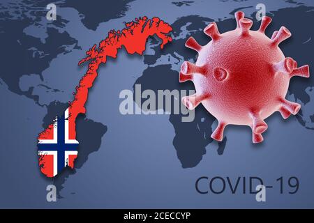 Cellule du coronavirus et carte de la Norvège en arrière-plan de la carte du monde. Illustration 3D Banque D'Images