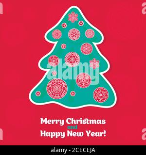 Carte de Noël - Joyeux Noël et bonne année, avec arbre turquoise sur fond rouge à motifs. Illustration de Vecteur