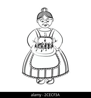 Vieille dame porte gâteau d'anniversaire avec chocolat et fraise - pour livre de coloriage Illustration de Vecteur