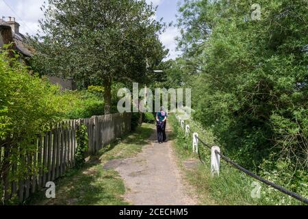 Scène d'été dans le joli village de Yardley Hastings, Northamptonshire, Royaume-Uni; femme âgée marchant sur un chemin bordé d'arbres. Banque D'Images