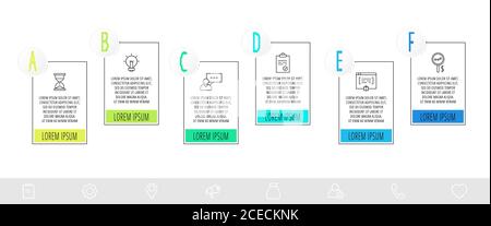 Modèle d'infographie en ligne fine avec 6 étapes, étiquettes. Infographies de concept d'entreprise moderne avec cercles pour le schéma, la disposition du flux de travail et les présentations Illustration de Vecteur