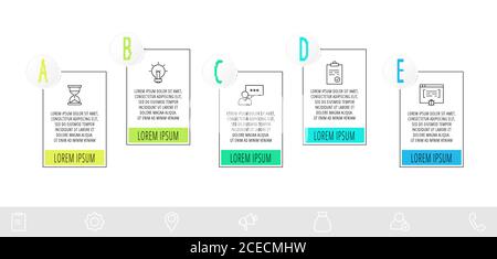 Modèle d'infographie en ligne fine avec 5 étapes, étiquettes. Infographies de concept d'entreprise moderne avec cercles pour le schéma, la disposition du flux de travail et les présentations Illustration de Vecteur