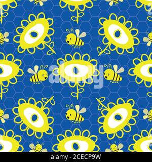 Dessin vectoriel de fleurs et de style kawaii abeilles sans couture motif arrière-plan. Toile de fond amusante avec simple jaune, et bleu cobalt griffé Illustration de Vecteur