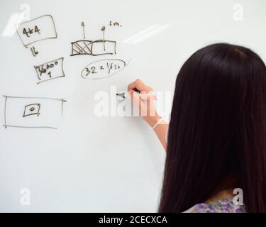 Femme écrivant sur un tableau blanc. Concept de discussion de réunion. Banque D'Images