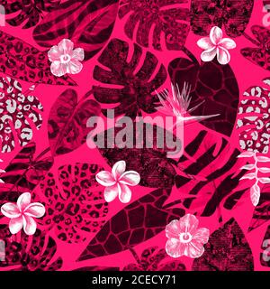 Motif abstrait rose aquarelle sans couture avec plantes exotiques tropicales. Aquarelle palmiers dessinés à la main, Monstera, Philodendron, Frangipani, Hibiscus avec Banque D'Images