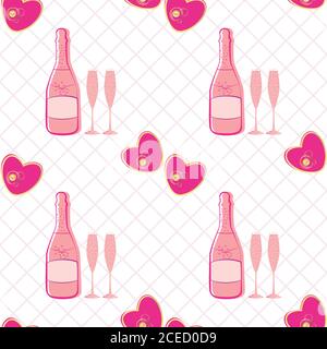 Fond transparent à motif vectoriel champagne et coeurs. Bouteilles roses, verres, boisson gazeuse sur fond blanc texturé. Élégant vin de rose mousseux Illustration de Vecteur