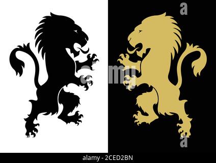 Deux silhouettes heraldiques endémiques. Armoiries. Élément de conception du logo Heraldry. Un lion rampant debout à partir d'un manteau de bras ou d'une crête héraldique. Or Illustration de Vecteur