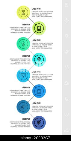 Cercles infographiques avec 8 étapes, icônes. Modèle vectoriel à ligne plate. Peut être utilisé pour huit diagrammes, business, web, bannière, présentation de flux de travail Illustration de Vecteur