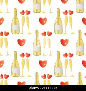 Fond de motif vectoriel sans couture à motif coeurs rouges et champagne. Bouteilles d'or, verres, boisson gazeuse sur fond blanc. Elégante répétition de vin mousseux. Tous Illustration de Vecteur