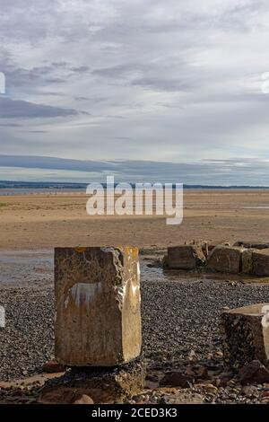 Un bloc anti invasion en béton vertical au bord de l'estuaire de la Tay et de la forêt de Tentsmuir avec la longue plage de sable à marée basse en arrière-plan. Banque D'Images