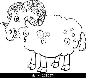 Dessin animé noir et blanc Illustration d'un drôle d'animal de ferme RAM Page de livre de coloriage des caractères Illustration de Vecteur