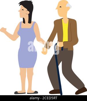 Agréable femme attentionnée aidant un vieil homme à marcher. Concept de société de soins. Illustration vectorielle isolée plate. Illustration de Vecteur