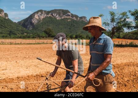 Les hommes cultivant le sol avec la charrue et l'oxen par temps ensoleillé Banque D'Images