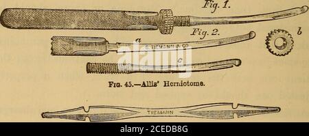 . Hernie, étranglée et réductible. Avec traitement par injections sous-cutanées, avec sugcested [!] et des méthodes améliorées pour la kelotomie. Également une annexe donnant un bref compte rendu de divers nouveaux instruments chirurgicaux. FiO. 44.—Directeur de hernie.. Jfro. 46.—Levis Directeur. Banque D'Images