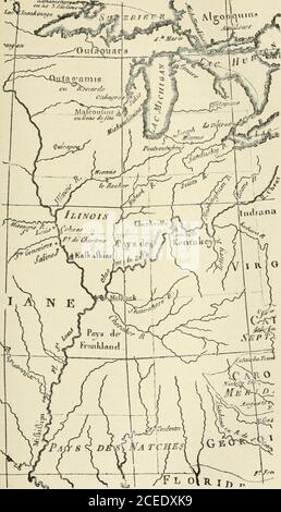 . Le mouvement de l'Ouest; les colonies et la République à l'ouest des Alleghanies, 1763-1798; avec des illustrations cartographiques complètes de sources contemporaines. Le pays à l'est du me-ridian déjà nommé devait être joint à la Caroline du Sud et à la Géorgie. La limite est de cette deuxième colonne de Statesétait une coupe méridienne; l'embouchure de la Kanahha. Thislad un morceau de territoire irrégulier se trouvant à l'est de ce dernier me-ridien, et entra par elle, par la rivière Alleghany, par les limites ouest-ern de la Pennsylvanie, et par le lac Érié, qui était un état supplémentaire. Par cette division l'Ohi Banque D'Images