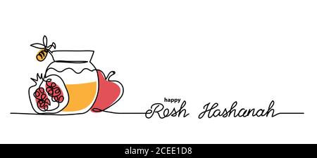 Rosh hashanah simple fond vectoriel avec miel, pomme, grenade et abeille. Une ligne continue avec lettrage Happy Rosh hashanah Illustration de Vecteur