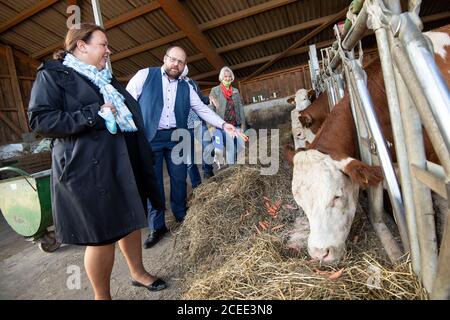 Willich, Allemagne. 1er septembre 2020. Ursula Heinen-Esser (CDU), ministre de l'agriculture de Rhénanie-du-Nord-Westphalie et Jan Leifert, président de l'Association nationale d'agriculture biologique NRW (LV), visitent le bassin de vache de la ferme biologique 'Stautenhof'. Le ministre de l'Agriculture de la NRW, Heinen-Esser, a visité la ferme biologique. Credit: Marius Becker/dpa/Alay Live News Banque D'Images