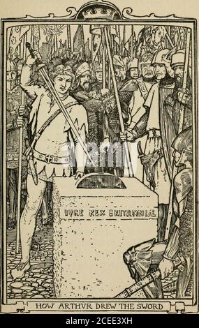 . Contes de la table ronde; basé sur les contes dans le Livre de romance. Il épée de la pierre, et il a cherché son père. Sir Ector, et son saïdto, ^ Monsieur, c'est l'épée de la pierre, là-bas je suis le roi légitime . Sir Ector madeno réponse, mais signé à Kay et Arthur à 4 LE DBAWING DE la SWOBD. Suivez-le, et ils tous les trois sont revenus à l'arrière. LE DEAWING DE LA SWOED partie II laissant leurs chevaux dehors, les deux KNightsand Arthur sont entrés dans l'église, et ont marché dans le choeur. Là, sur un livre Saint. SirEctor bade Sir Kay jure comment il est venu par thesword. Mon frère Arthur a donné Banque D'Images