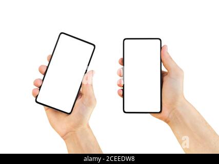 Jeu de mains d'homme tenant le smartphone moderne isolé sur fond blanc. Gros plan de la main touchant le smartphone mobile. Banque D'Images