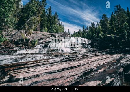 L'eau tombe des bois profonds du milieu de Suède Banque D'Images