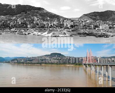 (200901) -- CHONGQING, le 1er septembre 2020 (Xinhua) -- la photo combinée montre le comté de Yunyang, dans la municipalité de Chongqing, dans le sud-ouest de la Chine, en 2000 (en haut, photo de dossier fournie par le Mémorial des migrants des trois Gorges de Chongqing) et le 4 août 2020 (en bas, photo prise par Huang Wei), respectivement. Cette année, les habitants des régions du projet des trois Gorges, le plus grand projet hydroélectrique au monde, ont été témoins d'une réalisation historique en saluant la pauvreté. Couvrant environ 10,000 000 kilomètres carrés, les régions impliquées dans le projet sont situées dans la partie supérieure du fleuve Yangtze, la plus longue voie navigable de la Chine. Banque D'Images