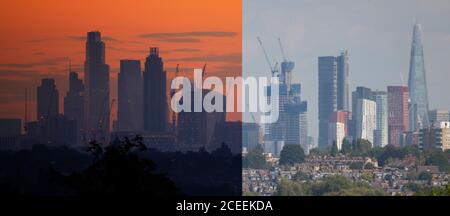 Wimbledon, Londres, Royaume-Uni. 1er septembre 2020. Pause de jour automnale au-dessus de Londres avec les gratte-ciels de la ville silhouettés contre un ciel orange de l'aube devient, à mi-matin, une chaude fin de journée d'été avec la vue lointaine scintillant dans une brume chaude. Des images prises du même point de vue le même jour et ont été séduite. Crédit : Malcolm Park/Alay Live News. Banque D'Images