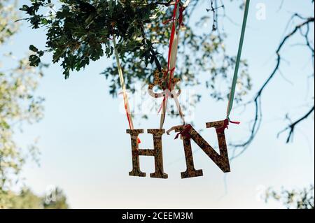 Lettres HN en bois décoration accrochée à l'arbre dans la nature. Banque D'Images