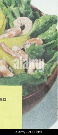 . Le journal de la maison des dames. VINAIGRETTE SPÉCIALE AUX OLIVES VERTES POUR LA SALADE DE CREVETTES ET DE PAMPLEMOUSSE (grand plat principal pour un déjeuner de fête !) % cuillère à café saltA cuillère à café sugarDash de poivre % tasse Wesson Oil2 cuillères à soupe de vinegar2 cuillères à soupe de tranches d'olive farcies mélanger tous les ingrédients dans un pot et agiter vigoureusement jusqu'à ce que le mélange soit pur. (Cela donne % de cupdressing.) Placer un bol de salade croquante greensin. Diviser un pépinéen sections et ajouter aux légumes verts, avec une bonbonne de 5 onces de crevettes (ou 1 lb de crevettes fraîches, cuites, pelées, nettoyées). Verser la salade de commodes et mélanger délicatement. Pour 4 à 6 personnes. La chose que vous notic Banque D'Images