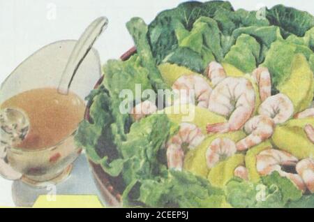 . Le journal de la maison des dames. POUR LES SALADES ET LA CUISINE. VINAIGRETTE SPÉCIALE AUX OLIVES VERTES POUR LA SALADE DE CREVETTES ET DE PAMPLEMOUSSE (grand plat principal pour un déjeuner de fête !) % cuillère à café saltA cuillère à café sugarDash de poivre % tasse Wesson Oil2 cuillères à soupe de vinegar2 cuillères à soupe de tranches d'olive farcies mélanger tous les ingrédients dans un pot et agiter vigoureusement jusqu'à ce que le mélange soit pur. (Cela donne % de cupdressing.) Placer un bol de salade croquante greensin. Diviser un pépinéen sections et ajouter aux légumes verts, avec une bonbonne de 5 onces de crevettes (ou 1 lb de crevettes fraîches, cuites, pelées, nettoyées). Verser la salade de commodes et mélanger délicatement. Pour 4 à 6 personnes. Banque D'Images