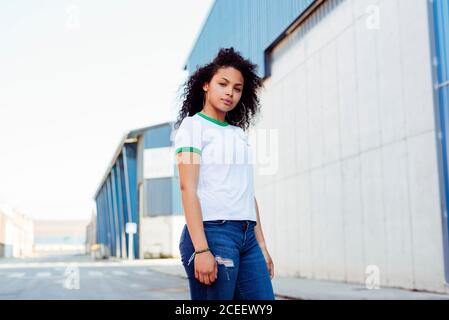 Jeune femme ethnique souriante et confiante regardant un appareil photo Banque D'Images