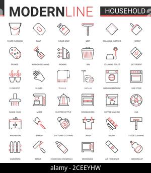 Outils ménagers plat fin rouge lignes noires icônes vecteur jeu d'illustration, contour nettoyage de maison, cuisine ou jardinage symboles linéaires, collection de travaux ménagers de l'équipement de nettoyage domestique, appareils ménagers Illustration de Vecteur