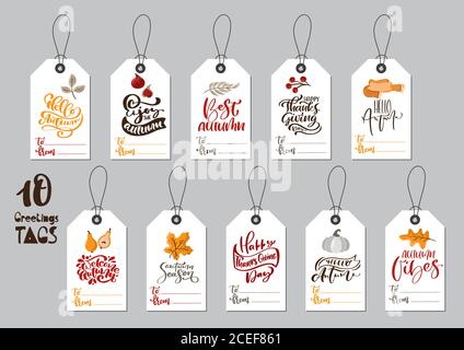Collection vectorielle de tags d'automne avec des expressions calligraphiques Happy Thanksgiving Day et place pour le texte. Modèles typographiques dessinés à la main avec l'automne certains Illustration de Vecteur