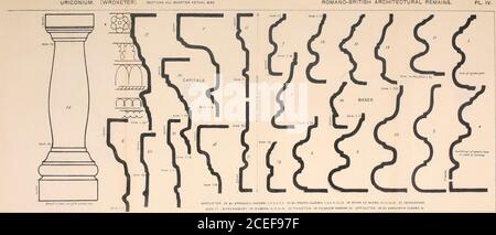 . La revue archéologique. Matériau insoluble, un grain de sable gris, qui empêche la finition délicate dans le travail-manship {voir N° 17, plaque IV des sections, et plaque V,Fig 2).^ en plus des fragments de capitales corinthiennes alreadynamed— C'est-à-dire la grande, probablement une partie d'une colonne de la basilique, et deux petites dans l'UppingtonChurchyard, il y en a une autre d'une certaine taille conservée dans le musée de Shrewsbury. Il mesure 1 pied 91 pouces de diamètre au-dessus de l'astragale, et montre la première rame de feuilles et une partie de la seconde. La moitié supérieure est &gt ; UN sketcli de ceci, mais montrant Sniith3 Banque D'Images