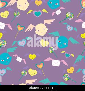 Monstres fantastiques, visages mignons avec ailes, bonbons arc-en-ciel, smil Illustration de Vecteur