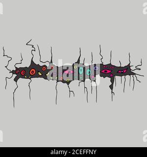 Fissure dans le mur, d'où de nombreux yeux regardent, lumineux, multicolore Illustration de Vecteur