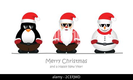 Snowman santa et cool penguin cartoon avec des lunettes vector illustration EPS10 Illustration de Vecteur