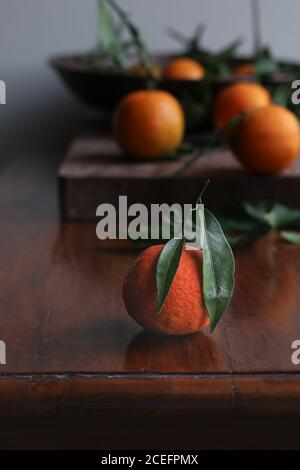 Mandarine mûre posée sur la table Banque D'Images