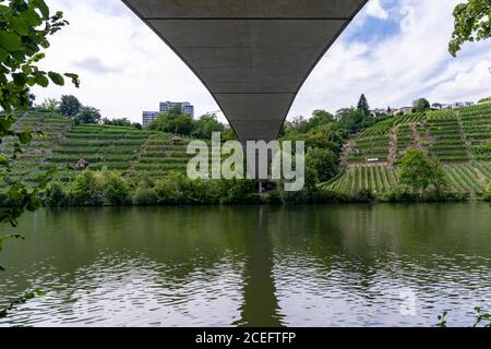 Le pont suspendu au-dessus de la rivière Neckar au Max-Eyth Lac de Stuttgart Banque D'Images