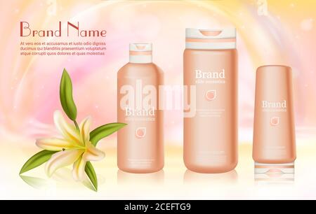 Gamme de cosmétiques pour le soin de la peau du corps avec illustration vectorielle d'ingrédient de nénuphars. Flacons cosmétiques 3d réalistes pour crème, lotion, gel douche ou shampooing et fleur de nénuphars sur fond rose tendre Illustration de Vecteur